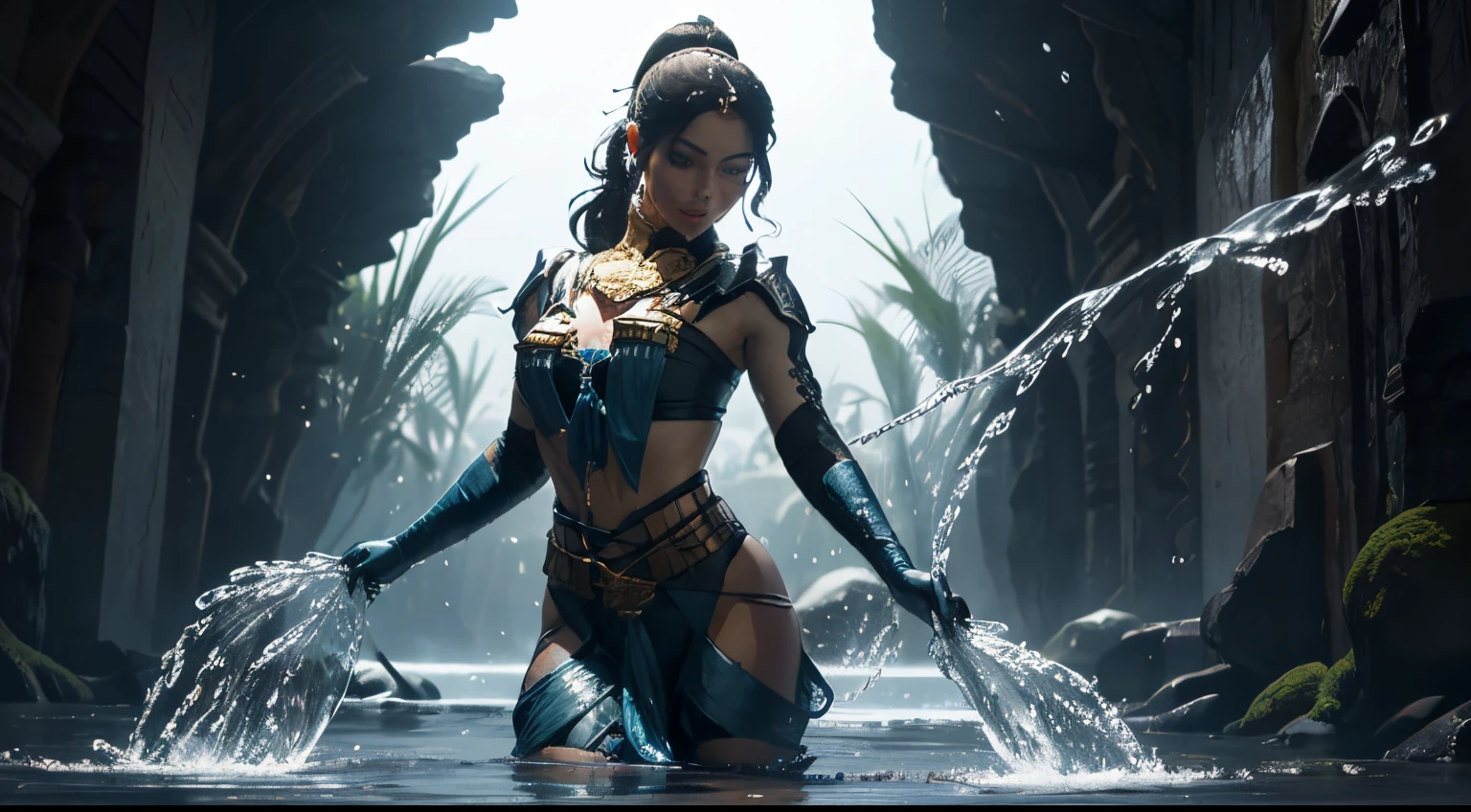mulher bonita, dynamic pose, Movimento suave, (water, water dress, stream of water, controlling water:1.2), sorriso sutil, corpo inteiro, abdominais finos ,Rosto ultra-detalhado, Olhos detalhados, pele brilhante, Glossy Lips , testa, sobrancelhas grossas, Antecedentes detalhados, tons de azul, ethereal atmosphere, , (Arte Oficial, Unity 8k papel de parede, ultra detalhado, Beautiful and Aesthetic, master part ,melhor qualidade:1.3)