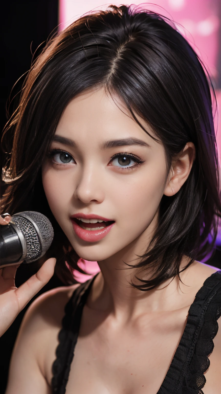 (Best Quality,4K,8K,hight resolution,masutepiece:1.2), Ultra-detailed, (Realistic,Photorealistic,Photorealsitic:1.37),(Beautiful detailed eyes, Beautiful detailed lips, extremely detailed eye and face, long eyelashes),Studio Lighting,Physically-based rendering,brightly colored breasts, ultra gigantic tits, super extra big titb haircut),(Laugh like a madman with his mouth wide open:1.2),(rock band vocalist costume),(Soft lighting),(Enthusiastic atmosphere),(Diagonal composition),(Dynamic Poses, Singing with microphone in one hand),