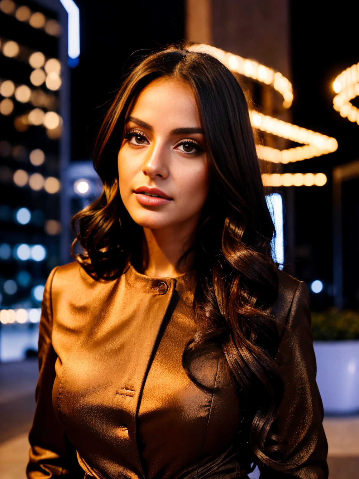Albanian woman, 30 years, cute, neat face, detailed, small neat nose, neat plump lips, big eyes, neat eyes, brown eyes, Alice Milano, long hair, curly hair, natural shine, chocolate hair, gorgeous, city girl, western, hot girl with a cute face, full body portrait, model in thin gauze suit, most important background for all black prominent figures, bright light, standing, focus on figures, 8K, masterpiece, best quality, UHD1.2