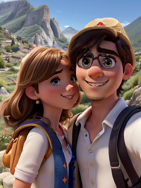 pareja joven, spanish couple, chico con sombrero, chico sin pelo, chica rubia, ojos azules, Background Mountains, Los Pirineos, selfie, Looking at the camera, mochila a las espaldas, disney pixar