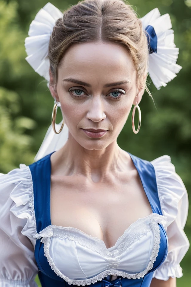 Emily Blunt, Spaltung, (plump breasts), 4K, beautiful,  Blick auf den Betrachter, verschiedene erotische Modelpositionen, (*Villa* crowded with people:1.3),NSFW, (((KopfschusREAKING French Maid, Dienstmagd, Maid Uniform, (Schminke), ((Spaltung)),  BRECHEN mittleres Haar, blaue Edelsteinohrringe, blasse Haut, helle Haut, white skin,  BRECHEN