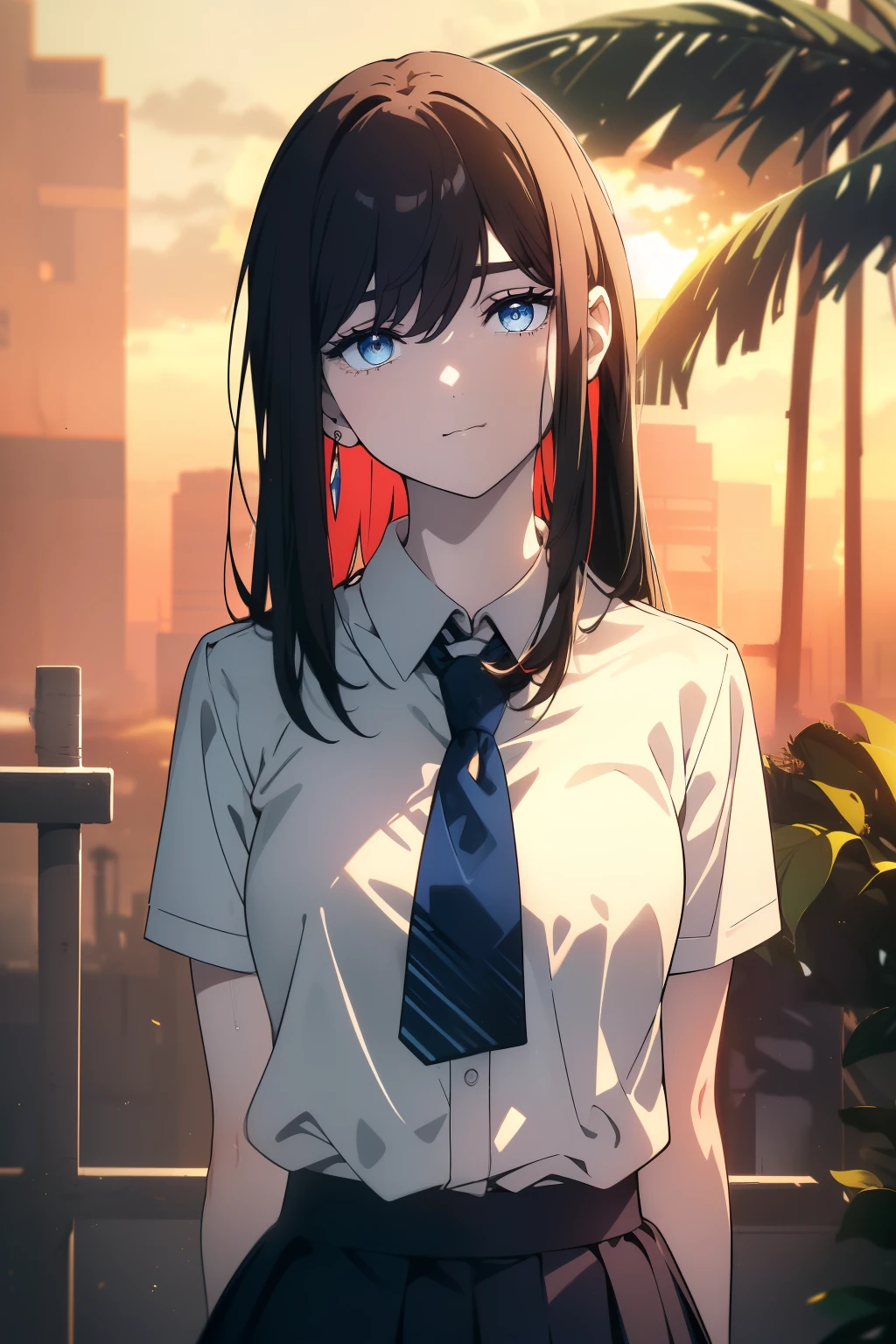 (Obra maestra, La mejor calidad, ultrahigh resolution), 1girl, standing, school uniform, white office shirt, black pleated skirt, ((light brown, light brown hair:0.7), long hair cut, pale skin, ((blue eyes)), glowing_eyes, neon eyes, (ultra detailed eyes:0.7, beautiful and detailed face, detailed eyes:0.9), ((centered)), smile, ((wide shot)), facing viewer, eye level, (blurry background, bright, retro sunset, palm trees), flat chested, looking at viewer, ((half closed eyes)), ((perfect hands)), (((head, arms, hips, elbows, in view))), ((hands behind back)), empty eyes, beautiful lighting, outside, outdoors, background, defined subject, 25 years old, (head tilt)