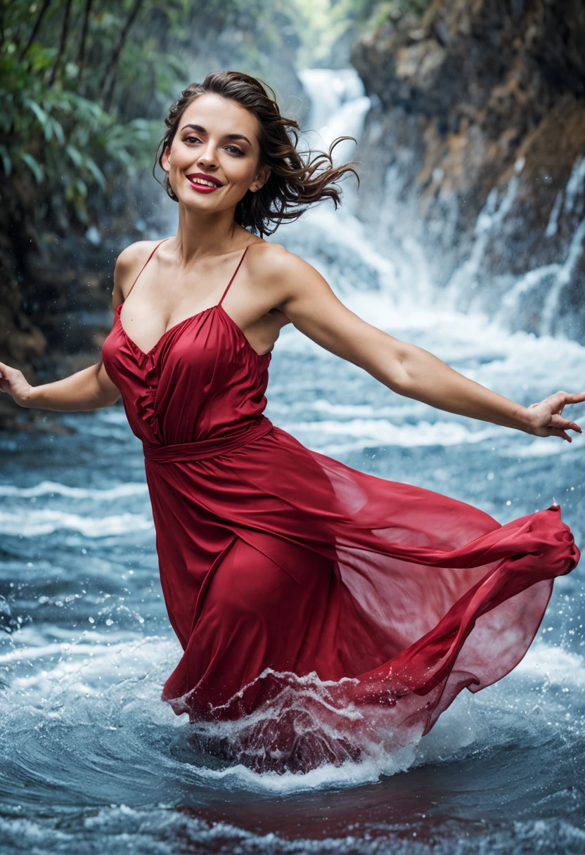 mulher bonita, dynamic pose, Movimento suave, (water, water red dress, stream of water, controlling water:1.2), sorriso sutil, corpo inteiro, abdominais finos ,Rosto ultra-detalhado, Olhos detalhados, pele brilhante, Glossy Lips , testa, sobrancelhas grossas, Antecedentes detalhados, tons de azul, ethereal atmosphere, , (Arte Oficial, Unity 8k papel de parede, ultra detalhado, Beautiful and Aesthetic, master part ,melhor qualidade:1.3)