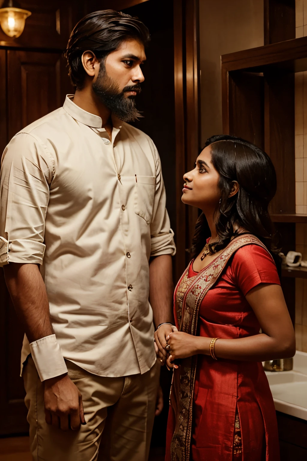 Indian short girl looking at a tall boy with short beard admiring at each other with love