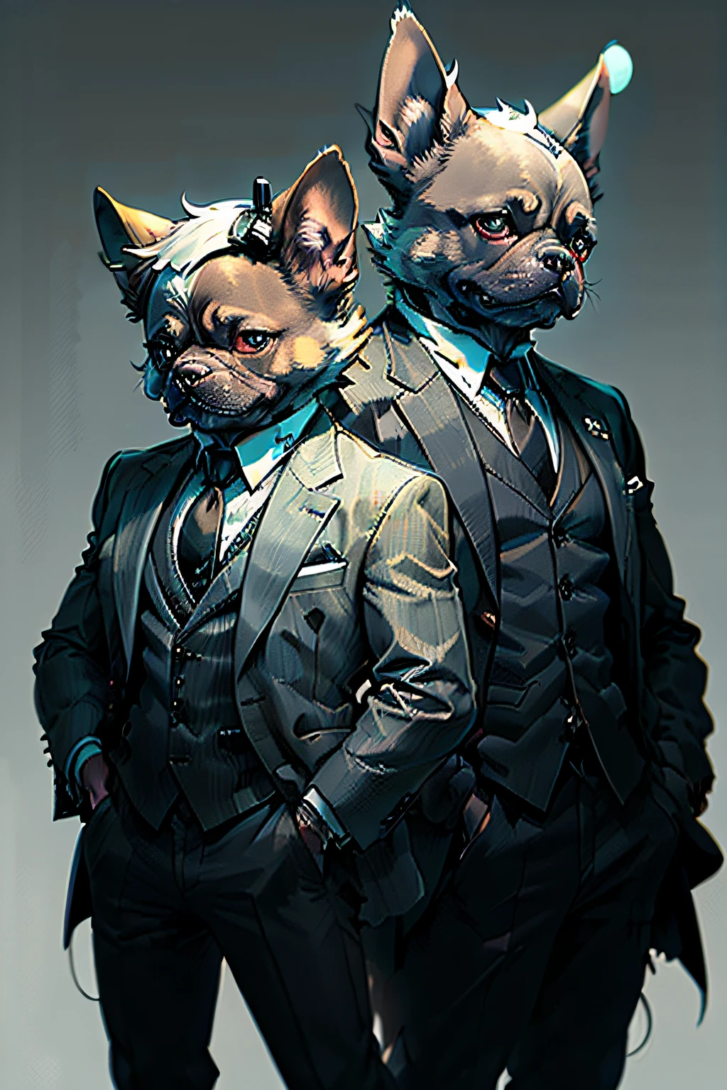 (Man in black suit and tie)comic strip、Anthropomorphic French bulldog dog、cyberpunked