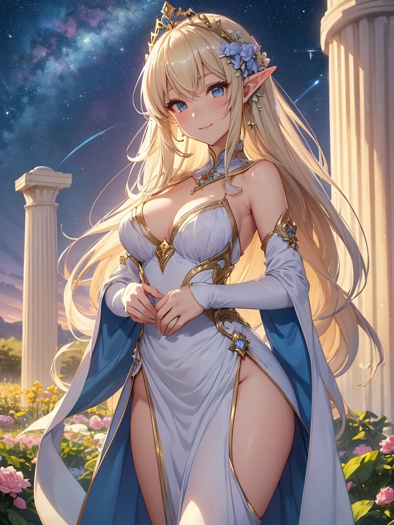 top-quality、Top image quality、​masterpiece、Super beautiful elf beauty((24 year old、Best Bust、big bast、Bust 90,beautiful blue long ironed hair、a blond、A sexy、A slender、a closeup、Esbian、beautiful tiara、hiquality、Beautiful Art、Background with((starrysky)))masutepiece、visualart、depth of fields、low angle of morning sky、、Elven ears、、light magic、space night、harp melody🎵、Happy smile、Gentle light、、Beautiful legs that are gentle on the skin、、、Number of fingers to achieve precise finger movements、ticker beautiful dress、elegent、Mystical　Rosa、　field under the flower garden、Marble pillars, beautiful dressy)appreciate！This way、appreciate、Talk to、Friendly atmosphere、Hands of Love、Supreme pleasure