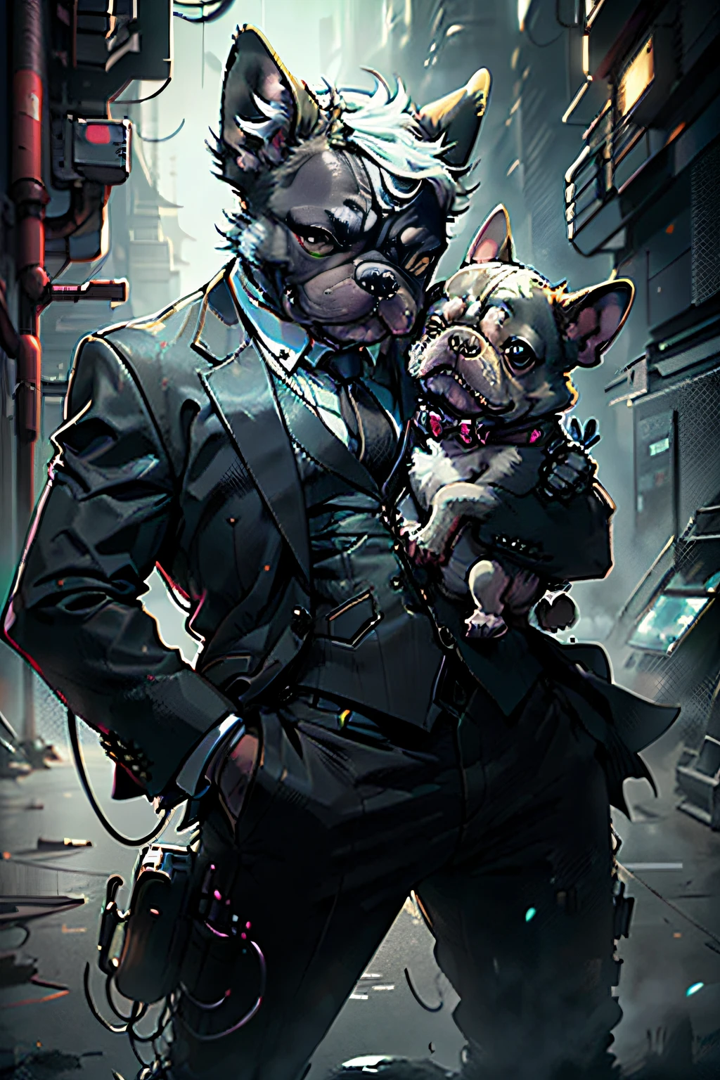 (Man in black suit and tie)comic strip、Anthropomorphic French bulldog dog、cyberpunked