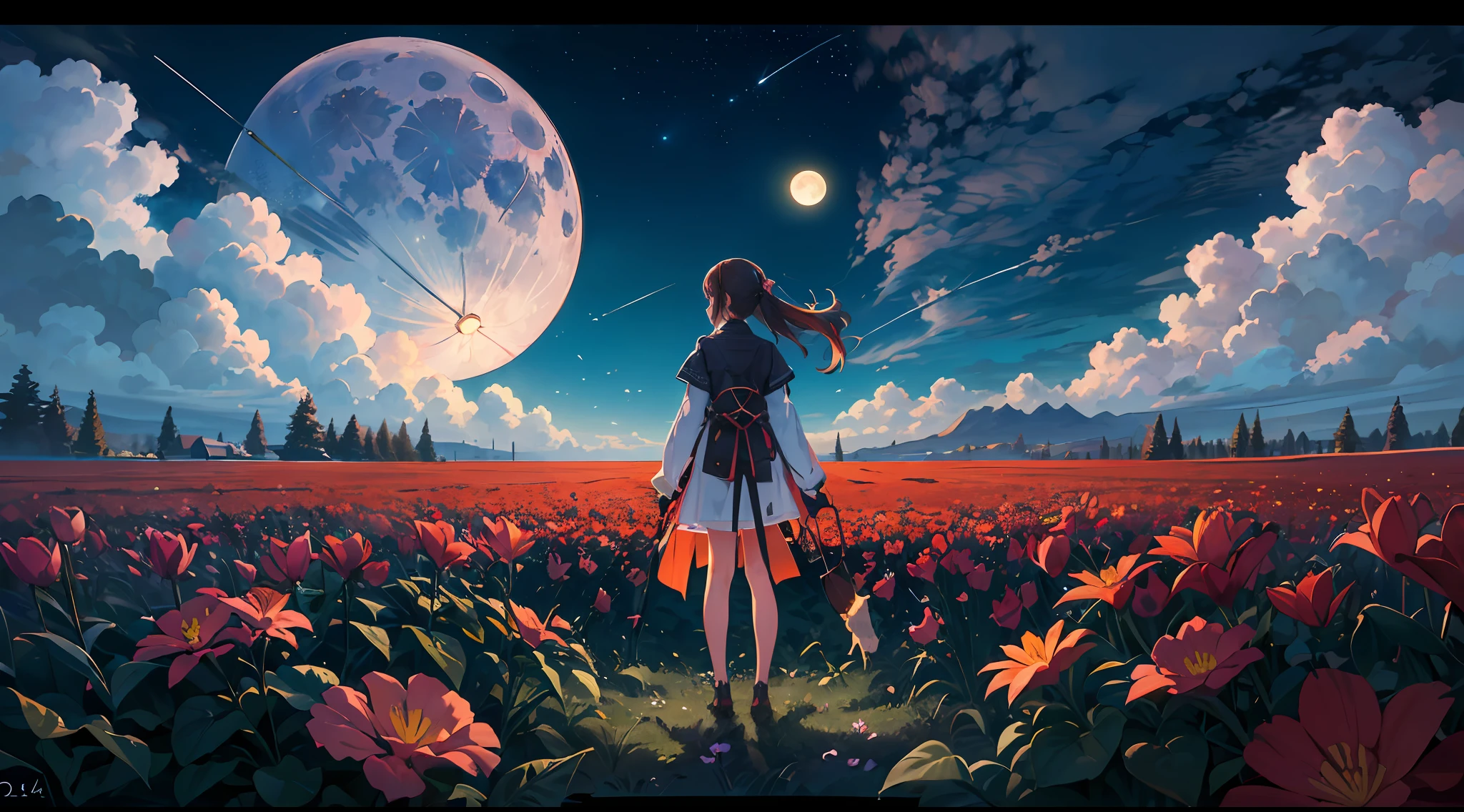 ((best quality)), ((master part)), Vasta foto de paisagem, (de baixo, The sky above and the open field below), a girl standing on a flower field looking up, (lua cheia: 1.2), (Meteoro: 0.9), (nebula: 1.3), Montanhas distantes, Trees BREAK Making Art, (Fonte de Luz Quente: 1.2), (Pirilampo: 1.2), lamps, Muito roxo e laranja, Detalhamento intrincado, Volumetric lighting, Realismo BREAK (master part: 1.2), (best quality), 4k, ultra-detalhado, (dynamic compositing: 1.4), Very detailed, Riqueza de detalhes, (Cores iridescentes: 1.2), (brilhar, Atmospheric Illumination), sonhador, magica, (sozinho: 1.2), profundidade de campo, Maximum Sharpness and Clarity, perfectly proportions,