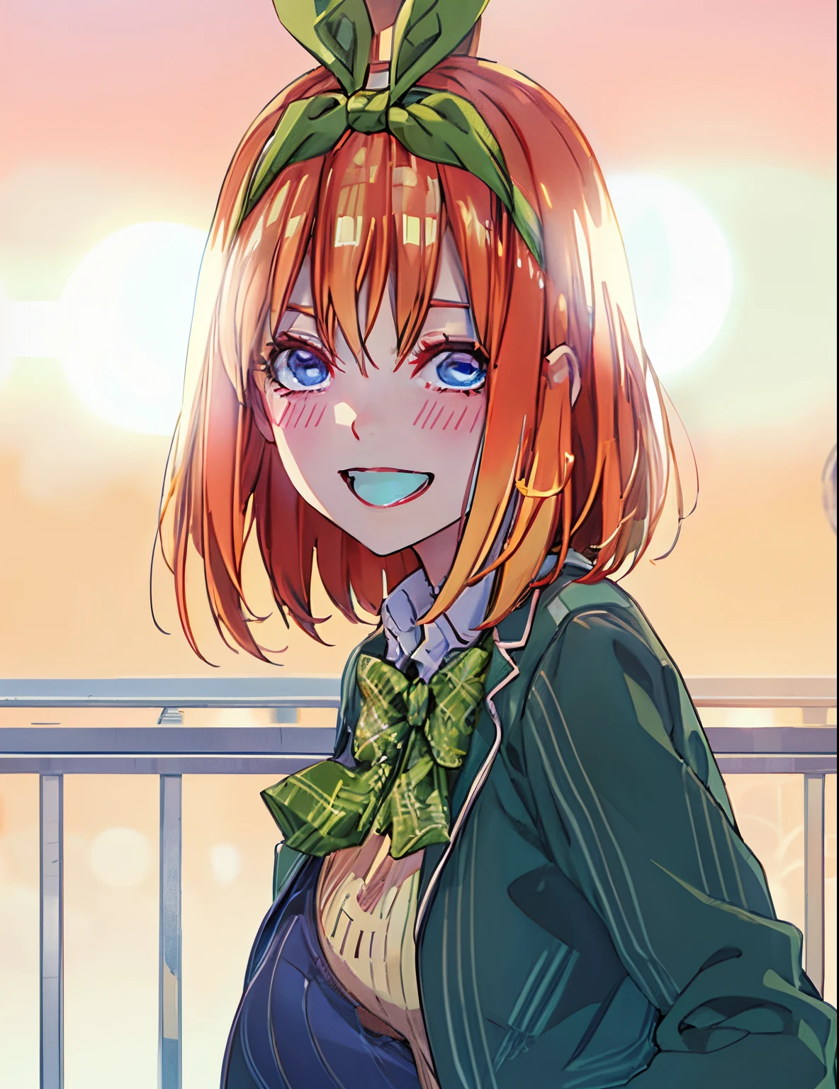 (masutepiece), A sexy、Natural light, Photorealistic, Cameltoe, diffuse glow, depth of fields, big eye、profetional lighting、headband is green、Blue eyes、A smile、Hair is orange、hairstyle is short bob、Black Blazer、White shirt、yellow vest sweater、Sunset background、Both hands are in the shape of a heart、