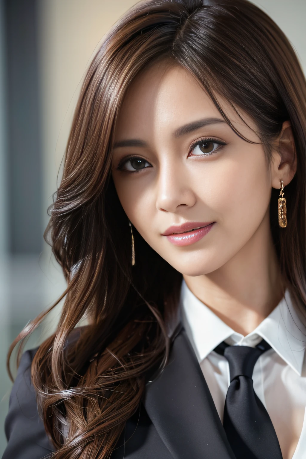 masutepiece, Best Quality, Photorealistic, Ultra-detailed, finely detail, High resolution, 8K Wallpaper, 1 beautiful woman,, light brown messy hair, in a business suit, foco nítido, Perfect dynamic composition, Beautiful detailed eyes, detailed hairs, Detailed realistic skin texture, Smiling, Close-up portrait, Model body type