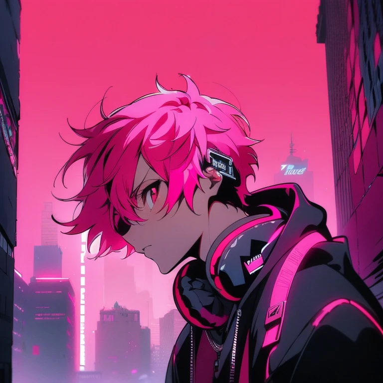 (short-cut), (Two-block hair), (vivid pink hair), (male character), (Red Eyes), (Cool pose), (of the highest quality), (masterpiece), (ultra-detailliert), (Oversized hoodies), (headphones), (Street), (neons), (Camera from a down angle), (Modern City), (Neon Daylight), (Cinematic), (Stylish), (hight resolution), (Hyper Detailed), (Looking at the camera), (Anime-style), (Softtown), (nightcore), (a handsome man), (Listening to music), (natural appearance of the building), (casual), (ig studios anime style), (tthin eyebrows)