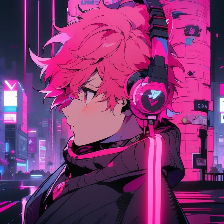 (short-cut), (Two-block hair), (vivid pink hair), (male character), (Red Eyes), (Cool pose), (of the highest quality), (masterpiece), (ultra-detailliert), (Oversized hoodies), (headphones), (Street), (neons), (Camera from a down angle), (Modern City), (Neon Daylight), (Cinematic), (Stylish), (hight resolution), (Hyper Detailed), (Looking at the camera), (Anime-style), (Softtown), (nightcore), (a handsome man), (Listening to music), (natural appearance of the building), (casual), (ig studios anime style), (tthin eyebrows)