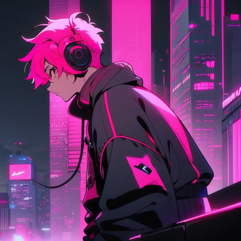 (short-cut), (Two-block hair), (vivid pink hair), (male character), (Red Eyes), (Cool pose), (of the highest quality), (​masterpiece), (ultra-detailliert), (Oversized hoodies), (headphones), (Street), (neons), (Camera from a down angle), (Modern City), (Neon Daylight), (Cinematic), (Stylish), (hight resolution), (Hyper Detailed), (Looking at the camera), (Anime-style), (Softtown), (nightcore), (a handsome man), (Listening to music), (natural appearance of the building), (casual), (ig studios anime style), (tthin eyebrows)