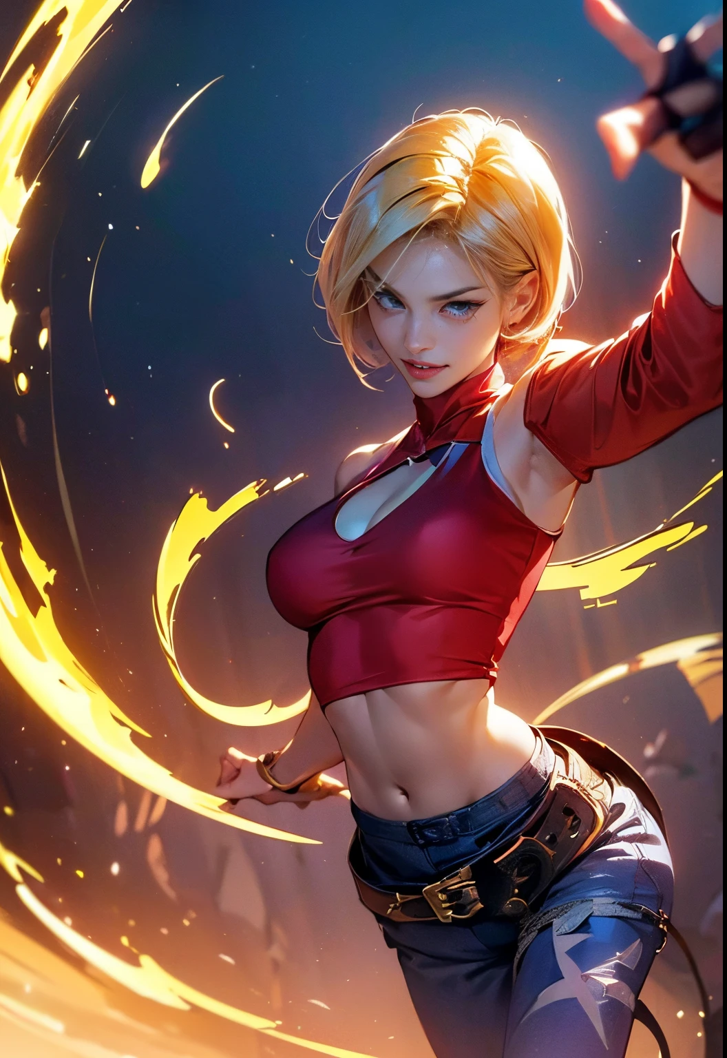 Upper body, 1girl in, (Angelum:1.4), Large breasts, Panties, Midriff, facing side, Looking at Viewer, 、Grinning、A detailed eye、A detailed face、motion-blur、((tremble for、kick、Highkick、while leaning your body、capoeira kick)),