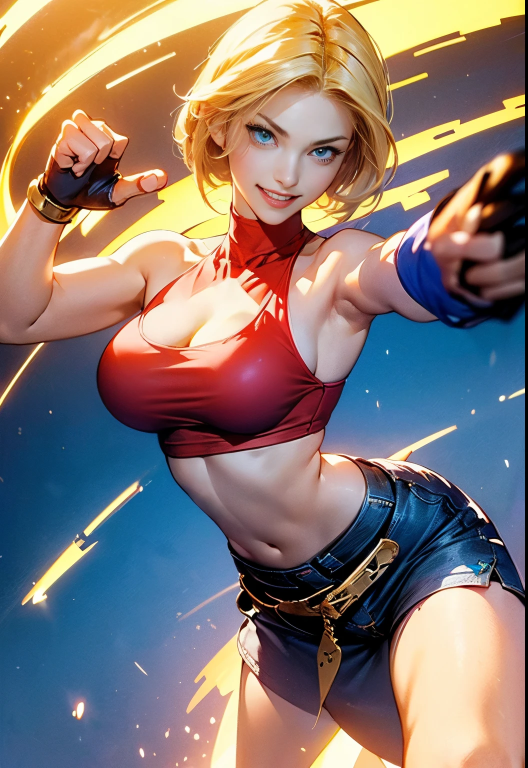 Upper body, 1girl in, (Angelum:1.4), Large breasts, Panties, Midriff, facing side, Looking at Viewer, (the presence of large cleavage in the chest), Cropped jacket、Grinning、A detailed eye、A detailed face、motion-blur、((tremble for、kick、Highkick、while leaning your body、capoeira kick)),