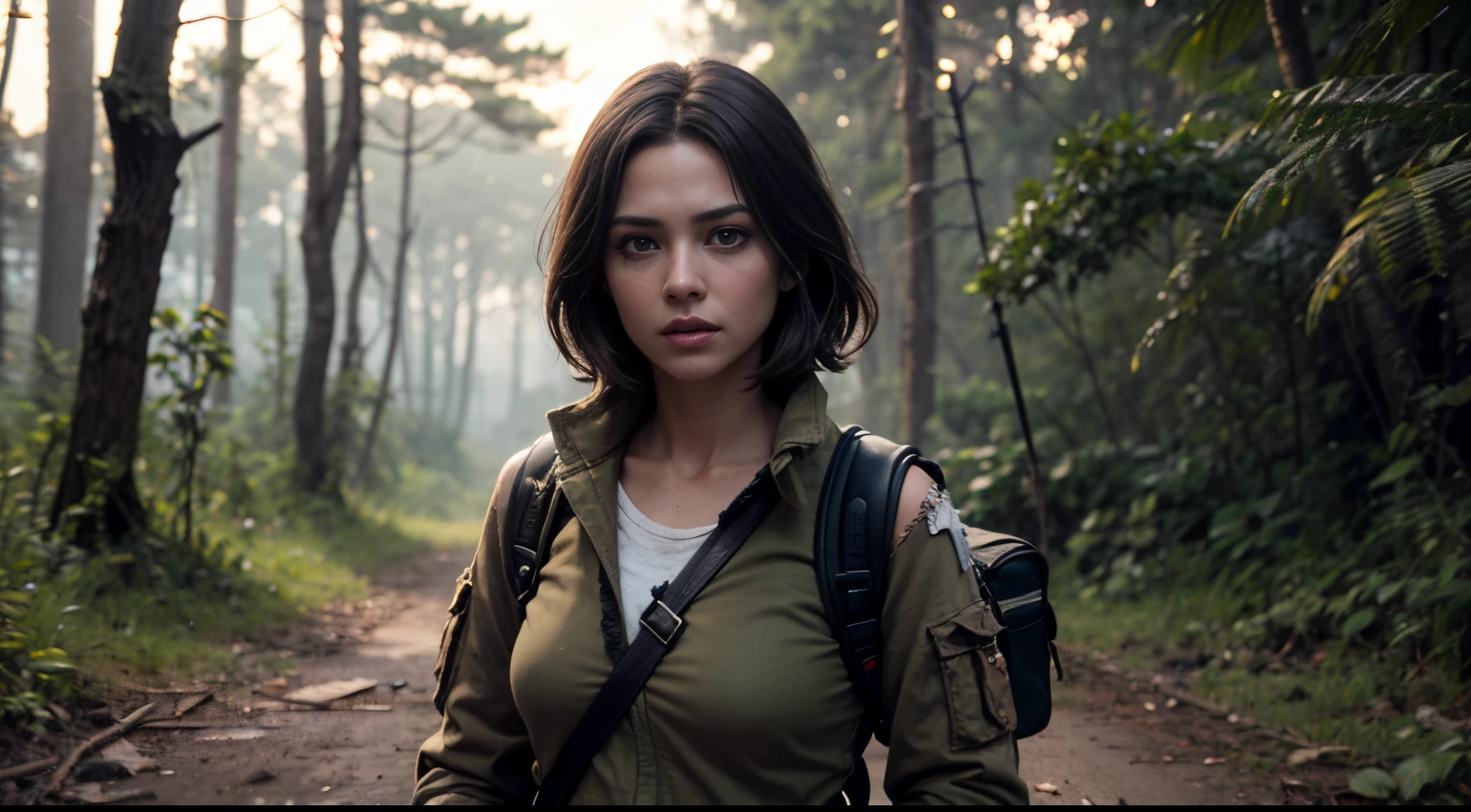 Mulher 25 anos, cabelo castanho longo amarrado, olhos azuis, com mochila cargueira cor verde, moletom marrom, With rifle in hand, Forest destroyed, sangrando , Hyper realistic cinematic lighting super details skin texture , survival, destruction, 8k, Ultra HD | | | | |, (Post-apoc, Post-apoc_character)