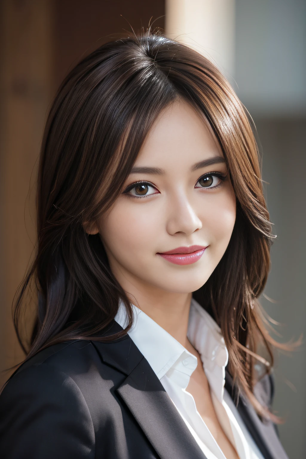 masutepiece, Best Quality, Photorealistic, Ultra-detailed, finely detail, High resolution, 8K Wallpaper, 1 beautiful woman,, light brown messy hair, in a business suit, foco nítido, Perfect dynamic composition, Beautiful detailed eyes, detailed hairs, Detailed realistic skin texture, Smiling, Close-up portrait, Model body type