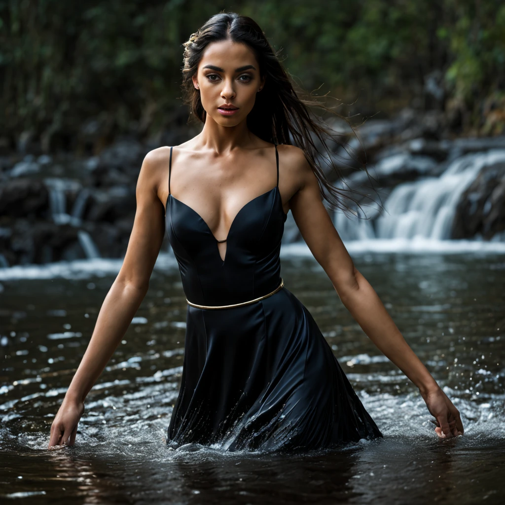 mulher bonita, dynamic pose, Movimento suave, (water, black dress with gold aqua, stream of water, controlling water:1.2), sorriso sutil, corpo inteiro, abdominais finos ,Rosto ultra-detalhado, Olhos detalhados, pele brilhante, Glossy Lips , testa, sobrancelhas grossas, Antecedentes detalhados, tons de azul, ethereal atmosphere, , (Arte Oficial, Unity 8k papel de parede, ultra detalhado, Beautiful and Aesthetic, master part ,melhor qualidade:1.3)