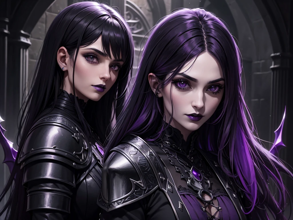 A vampire wizard character wearing very detailed and beautiful gothic armor in black and purple colors. Seu cabelo com corte em estilo curto, black lip color, cor roxa dos olhoanto, capuz, caminhando, 8k, Magnificent, Black and purple Gothic armor, capa