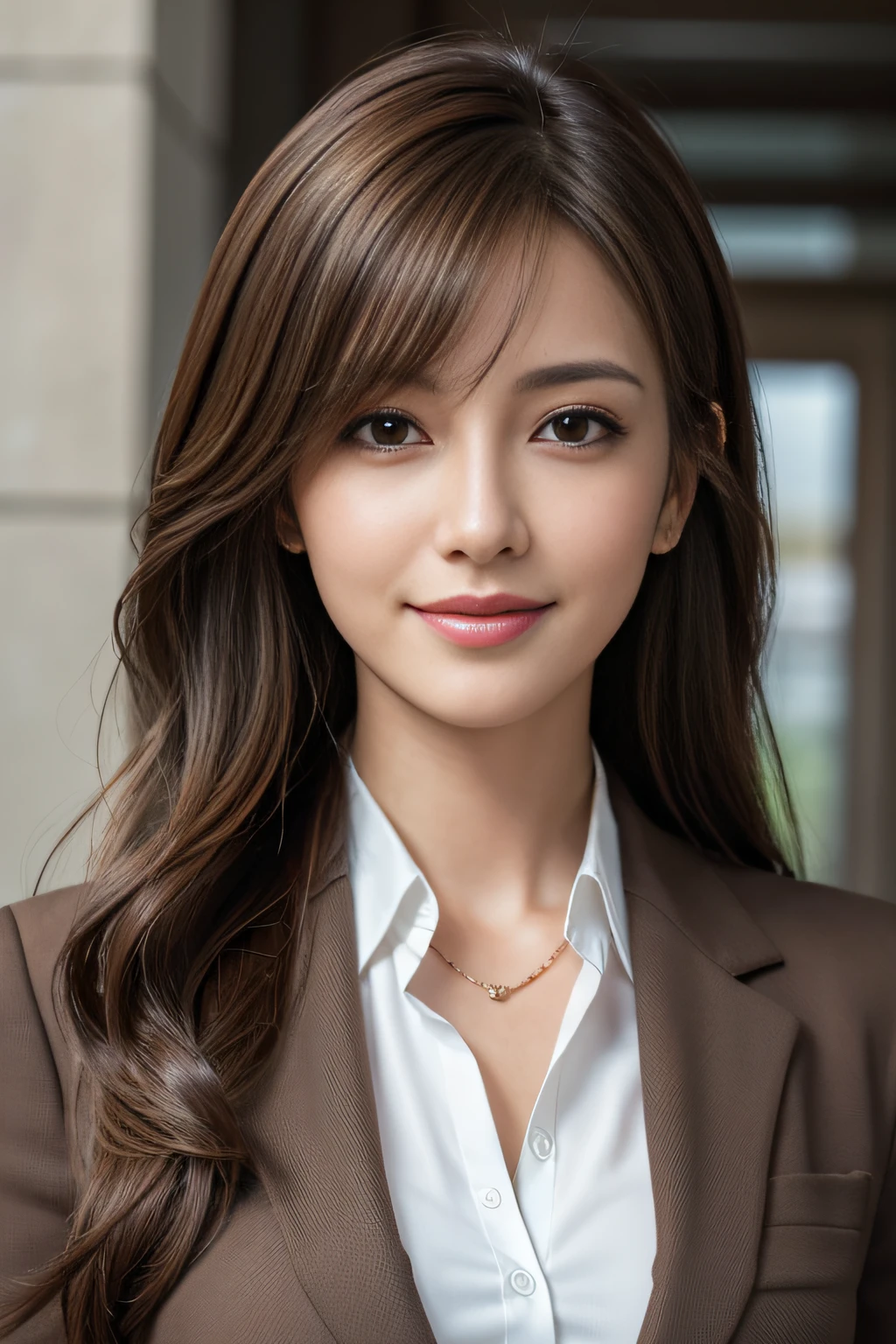 masutepiece, Best Quality, Photorealistic, Ultra-detailed, finely detail, High resolution, 8K Wallpaper, 1 beautiful woman,, light brown messy hair, in a business suit, foco nítido, Perfect dynamic composition, Beautiful detailed eyes, detailed hairs, Detailed realistic skin texture, Smiling, Close-up portrait, Model body type
