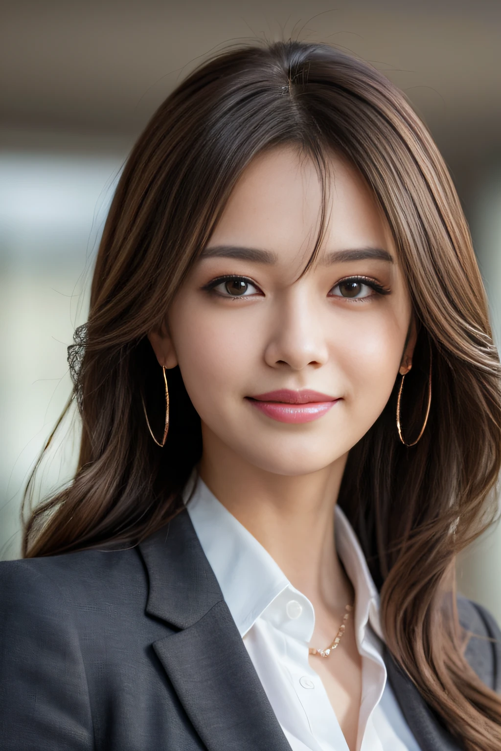 masutepiece, Best Quality, Photorealistic, Ultra-detailed, finely detail, High resolution, 8K Wallpaper, 1 beautiful woman,, light brown messy hair, in a business suit, foco nítido, Perfect dynamic composition, Beautiful detailed eyes, detailed hairs, Detailed realistic skin texture, Smiling, Close-up portrait, Model body type