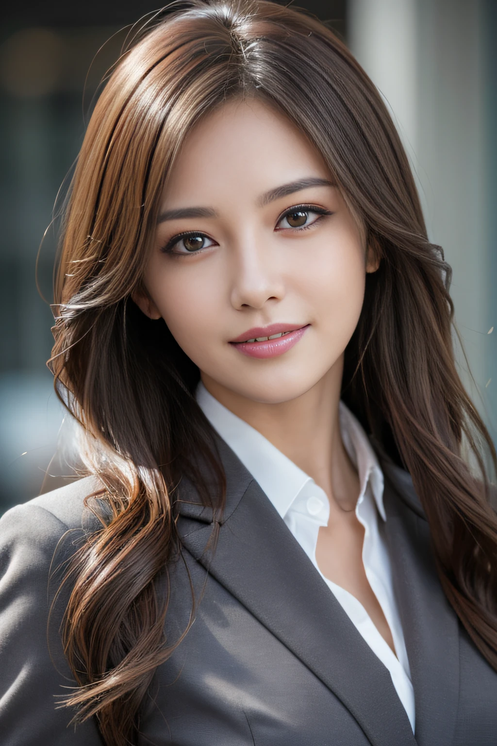 masutepiece, Best Quality, Photorealistic, Ultra-detailed, finely detail, High resolution, 8K Wallpaper, 1 beautiful woman,, light brown messy hair, in a business suit, foco nítido, Perfect dynamic composition, Beautiful detailed eyes, detailed hairs, Detailed realistic skin texture, Smiling, Close-up portrait, Model body type