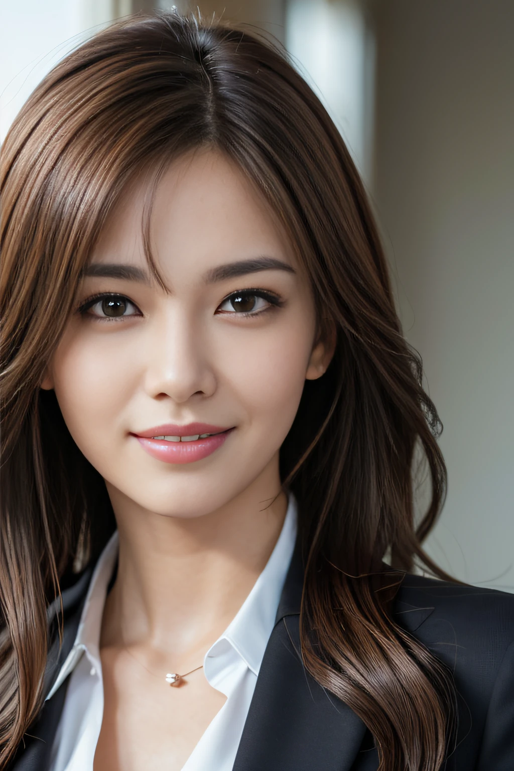 masutepiece, Best Quality, Photorealistic, Ultra-detailed, finely detail, High resolution, 8K Wallpaper, 1 beautiful woman,, light brown messy hair, in a business suit, foco nítido, Perfect dynamic composition, Beautiful detailed eyes, detailed hairs, Detailed realistic skin texture, Smiling, Close-up portrait, Model body type