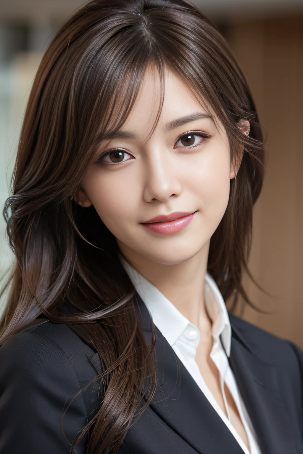 masutepiece, Best Quality, Photorealistic, Ultra-detailed, finely detail, High resolution, 8K Wallpaper, 1 beautiful woman,, light brown messy hair, in a business suit, foco nítido, Perfect dynamic composition, Beautiful detailed eyes, detailed hairs, Detailed realistic skin texture, Smiling, Close-up portrait, Model body type