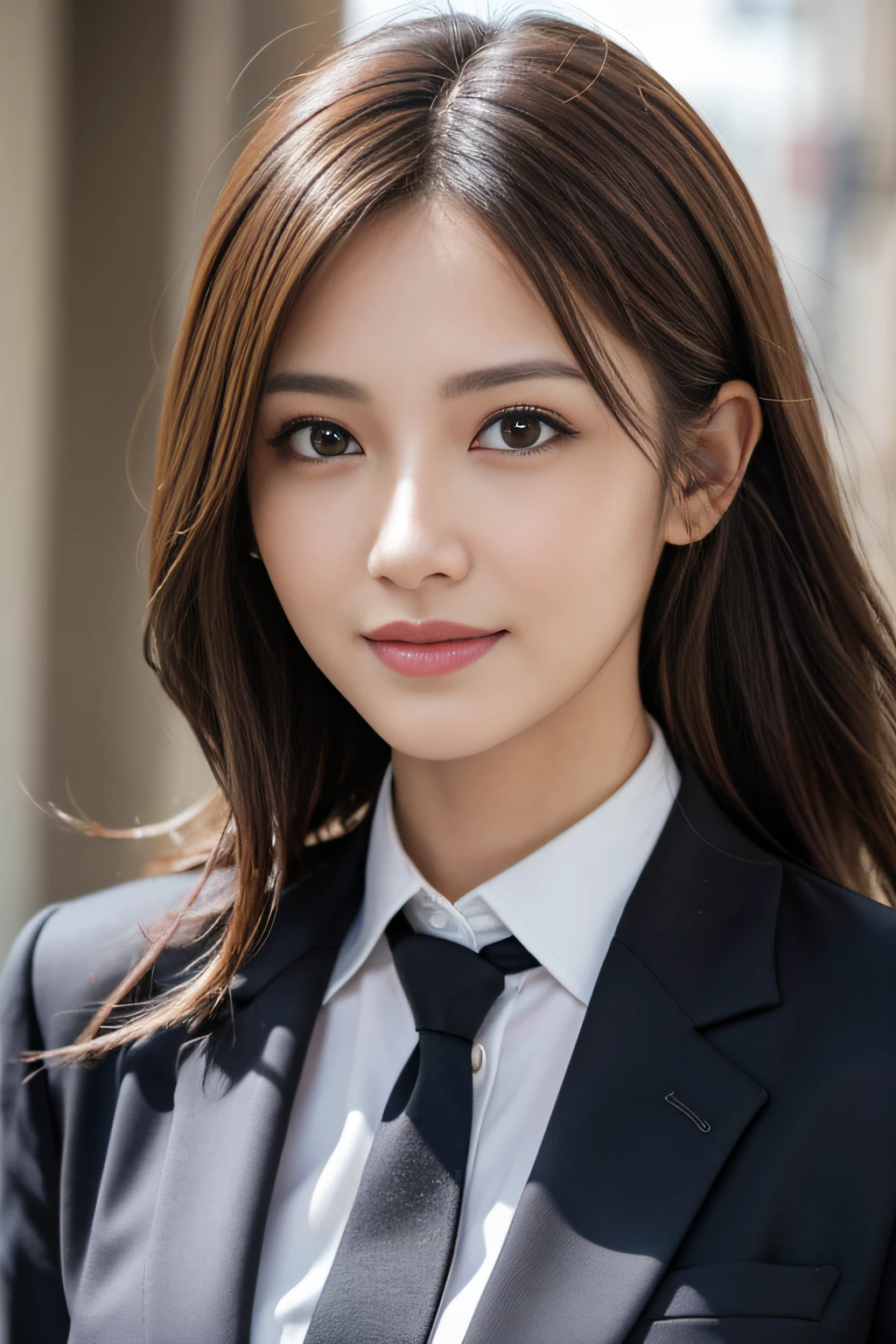 masutepiece, Best Quality, Photorealistic, Ultra-detailed, finely detail, High resolution, 8K Wallpaper, 1 beautiful woman,, light brown messy hair, in a business suit, foco nítido, Perfect dynamic composition, Beautiful detailed eyes, detailed hairs, Detailed realistic skin texture, Smiling, Close-up portrait, Model body type