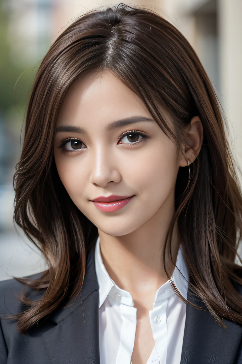 masutepiece, Best Quality, Photorealistic, Ultra-detailed, finely detail, High resolution, 8K Wallpaper, 1 beautiful woman,, light brown messy hair, in a business suit, foco nítido, Perfect dynamic composition, Beautiful detailed eyes, detailed hairs, Detailed realistic skin texture, Smiling, Close-up portrait, Model body type