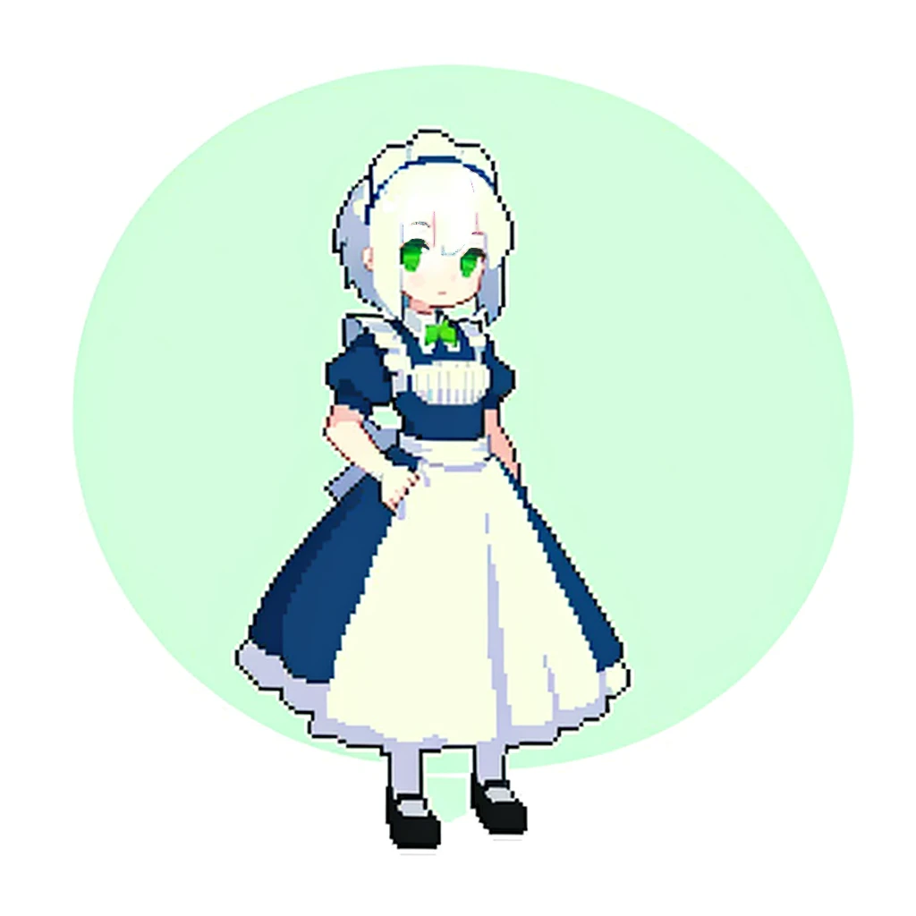(masterpiece, top quality, best quality), pixel, pixel art, 1girl, full body, white hair, green eyes, blue maid dress