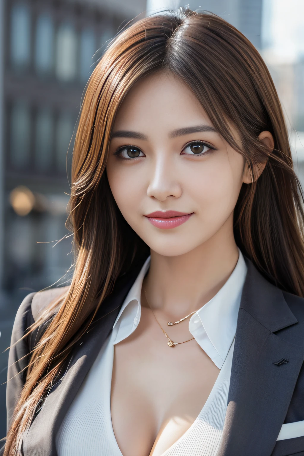 masutepiece, Best Quality, Photorealistic, Ultra-detailed, finely detail, High resolution, 8K Wallpaper, 1 beautiful woman,, light brown messy hair, in a business suit, foco nítido, Perfect dynamic composition, Beautiful detailed eyes, detailed hairs, Detailed realistic skin texture, Smiling, Close-up portrait, Model body type