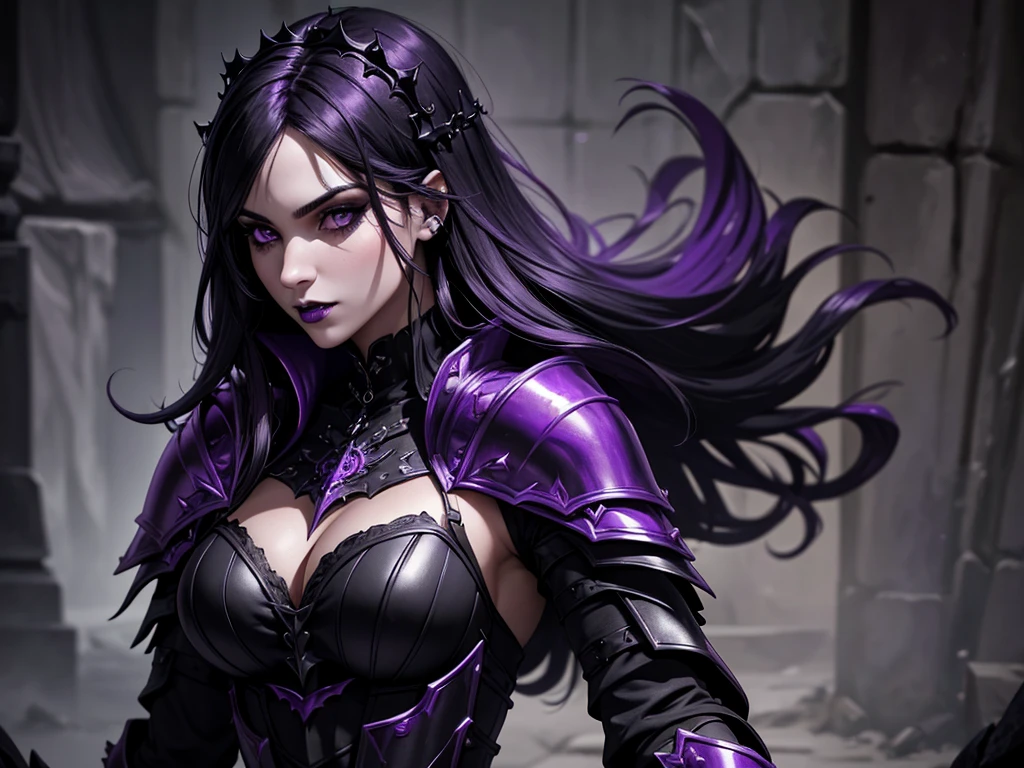 A vampire wizard character wearing very detailed and beautiful gothic armor in black and purple colors. Seu cabelo com corte em estilo curto, black lip color, cor roxa, capuz, caminhando, 8k, Magnificent, Black and purple Gothic armor, capa,A vampire wizard character wearing very detailed and beautiful gothic armor in black and purple colors. Seu cabelo com corte em estilo curto, black lip color, cor roxa, capuz, caminhando, 8k, Magnificent, Black and purple Gothic armor, capa