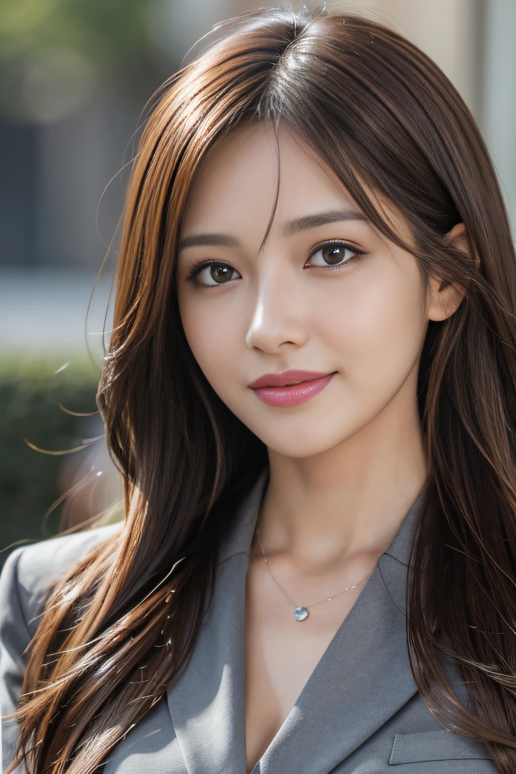 masutepiece, Best Quality, Photorealistic, Ultra-detailed, finely detail, High resolution, 8K Wallpaper, 1 beautiful woman,, light brown messy hair, in a business suit, foco nítido, Perfect dynamic composition, Beautiful detailed eyes, detailed hairs, Detailed realistic skin texture, Smiling, Close-up portrait, Model body type