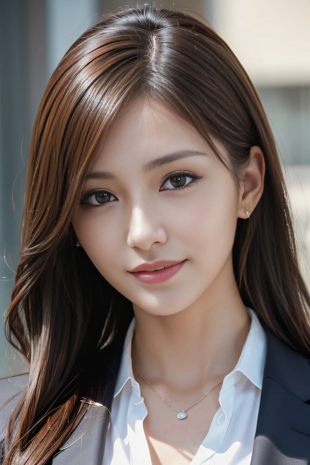 masutepiece, Best Quality, Photorealistic, Ultra-detailed, finely detail, High resolution, 8K Wallpaper, 1 beautiful woman,, light brown messy hair, in a business suit, foco nítido, Perfect dynamic composition, Beautiful detailed eyes, detailed hairs, Detailed realistic skin texture, Smiling, Close-up portrait, Model body type