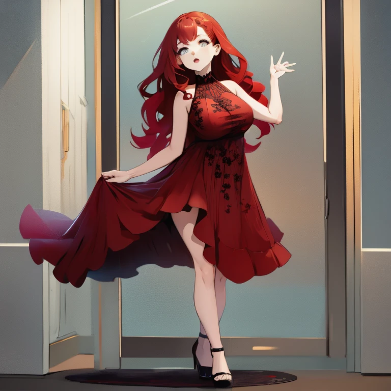 long wavy hair, vibrant fiery red hair, skinny, gigantic breasts, 2 breasts, anime girl, erect nipples poking through dress, black high heels,  with a deep red hue dress with a delicate floral pattern, and lace overlay, high neckline, form-fitting, ankle length with a slit up to the knee