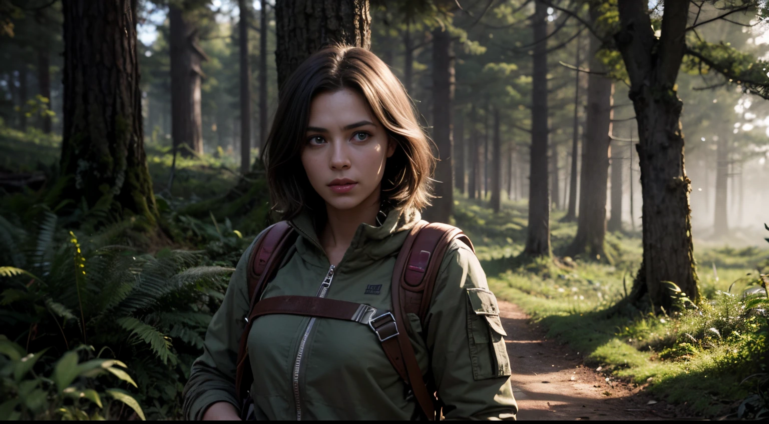 1 Mulher 25 anos, cabelo castanho longo amarrado, olhos azuis, com mochila cargueira cor verde, moletom marrom, With rifle in hand, Forest destroyed, sangrando , 1 homen  39 anos,  cabelo preto, de colete, Hyper realistic cinematic lighting super details skin texture , survival, destruction, 8k, Ultra HD | | | | |, (Post-apoc, Post-apoc_character)