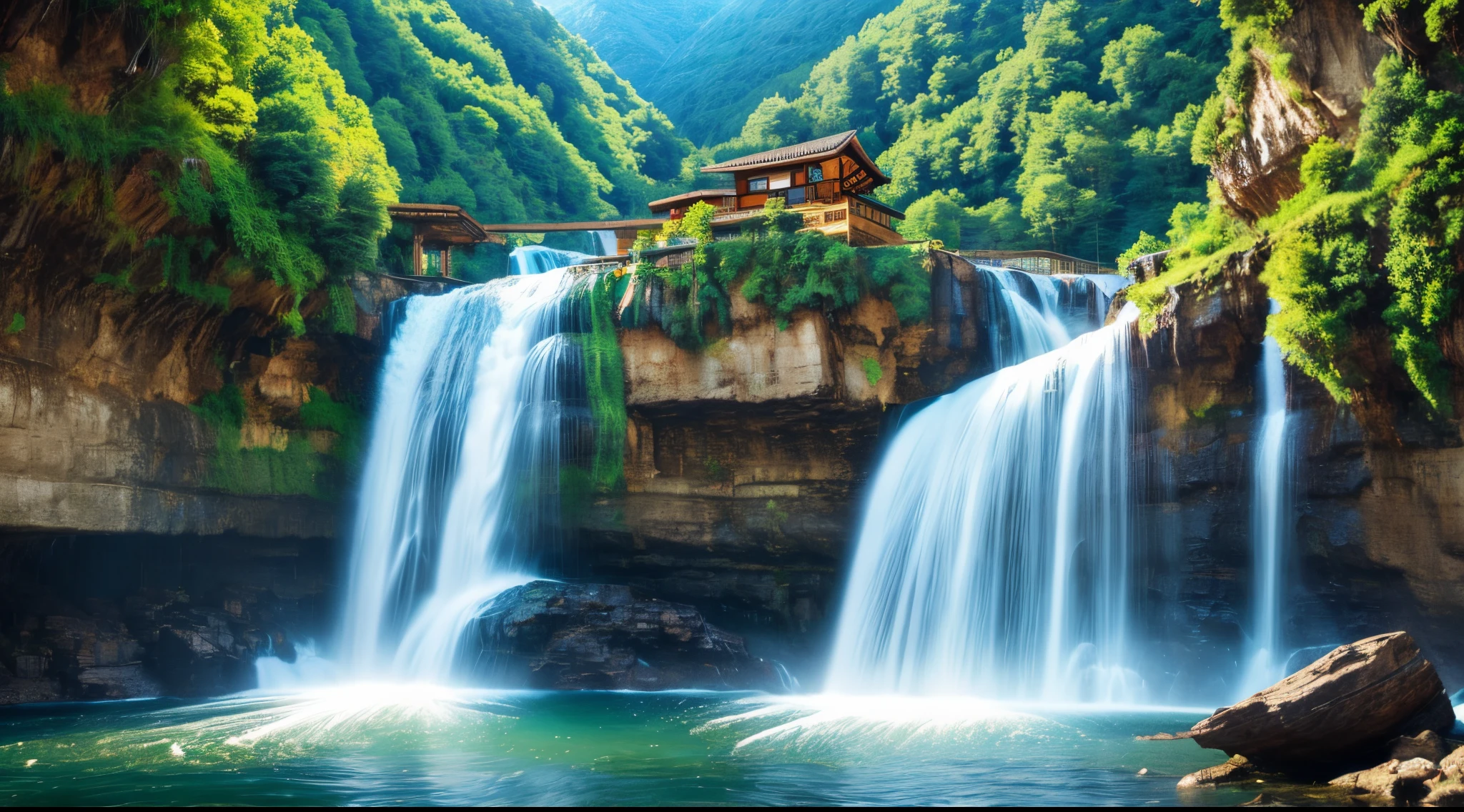 "Escape to a serene pixelated world, where a majestic waterfall cascades down the cozy mountainside."
