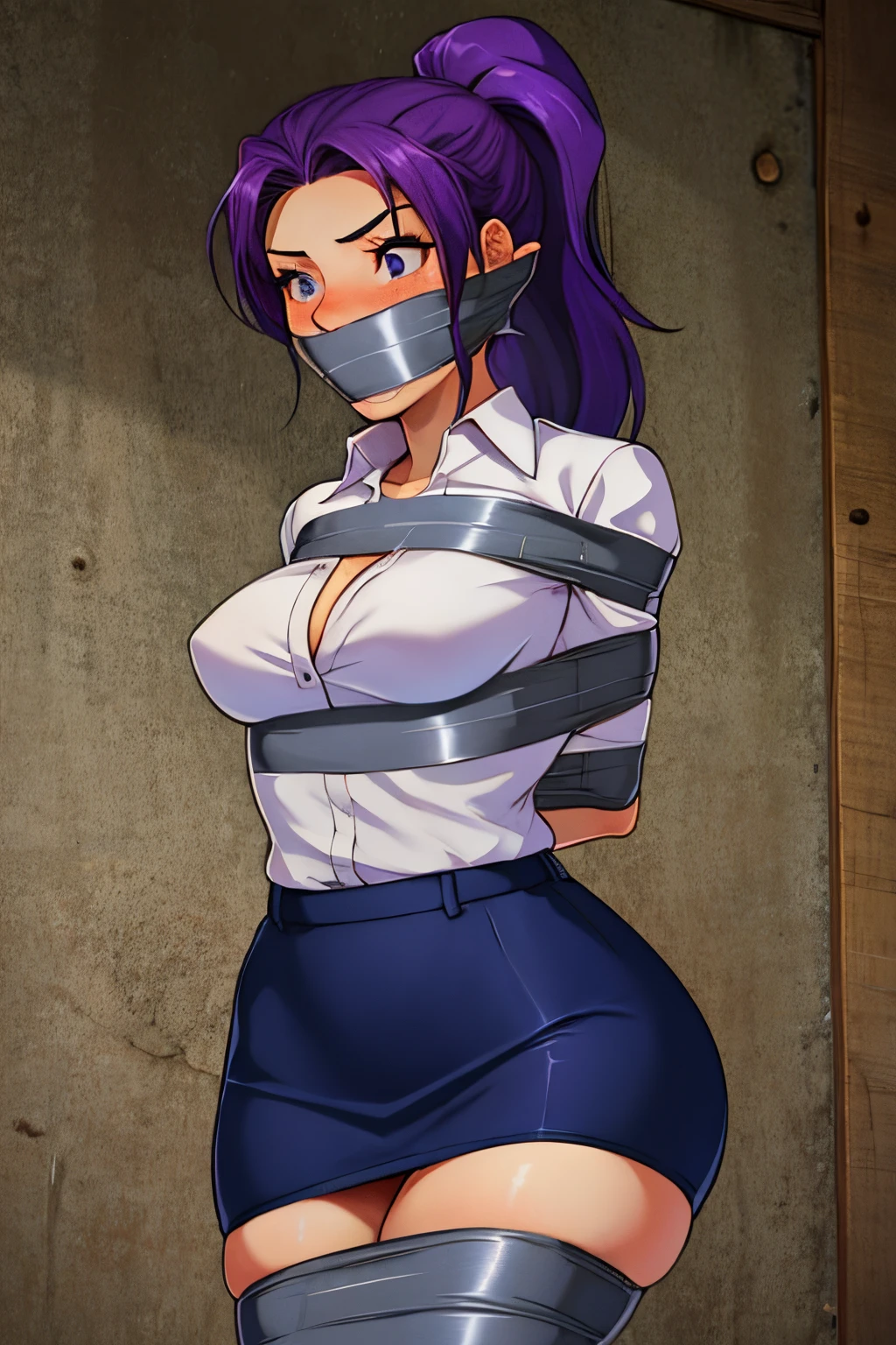 1 girl, purple hair, ponytail, improvised gag, tape gag, gagged, duct tape, tape bondage, arms behind back, bound arms, shirt, skirt, blush