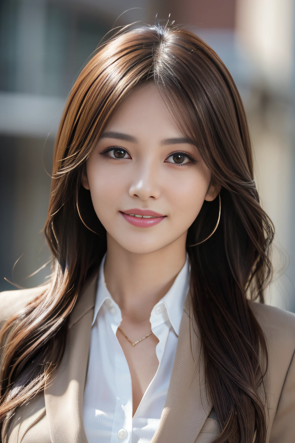 masutepiece, Best Quality, Photorealistic, Ultra-detailed, finely detail, High resolution, 8K Wallpaper, 1 beautiful woman,, light brown messy hair, in a business suit, foco nítido, Perfect dynamic composition, Beautiful detailed eyes, detailed hairs, Detailed realistic skin texture, Smiling, Close-up portrait, Model body type