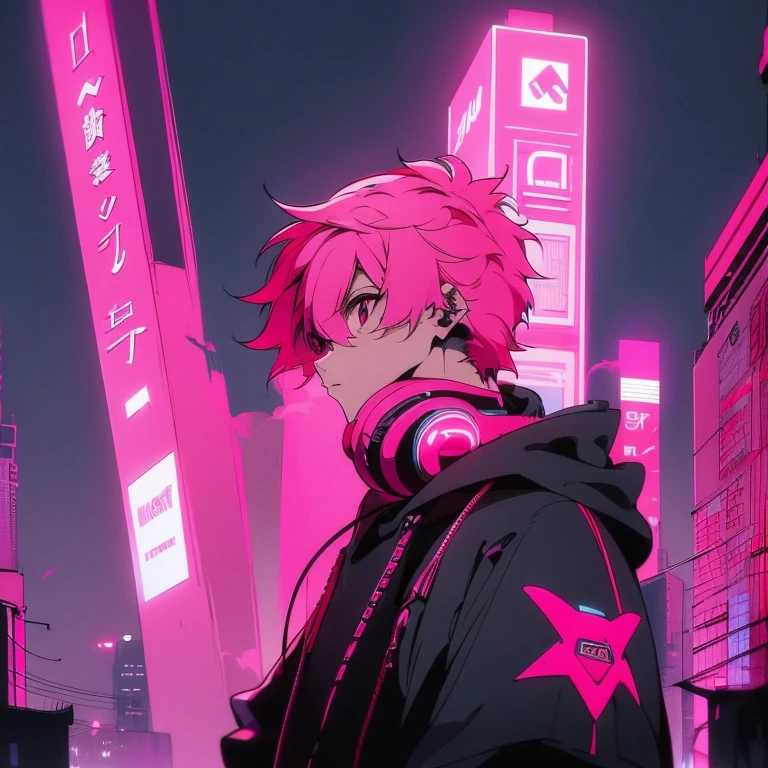 (short-cut), (Two-block hair), (vivid pink hair), (male character), (Red Eyes), (Cool pose), (of the highest quality), (​masterpiece), (ultra-detailliert), (Oversized hoodies), (headphones), (Street), (neons), (Camera from a down angle), (Modern City), (Neon Daylight), (Cinematic), (Stylish), (hight resolution), (Hyper Detailed), (Looking at the camera), (Anime-style), (Softtown), (nightcore), (a handsome man), (Listening to music), (natural appearance of the building), (casual), (ig studios anime style),