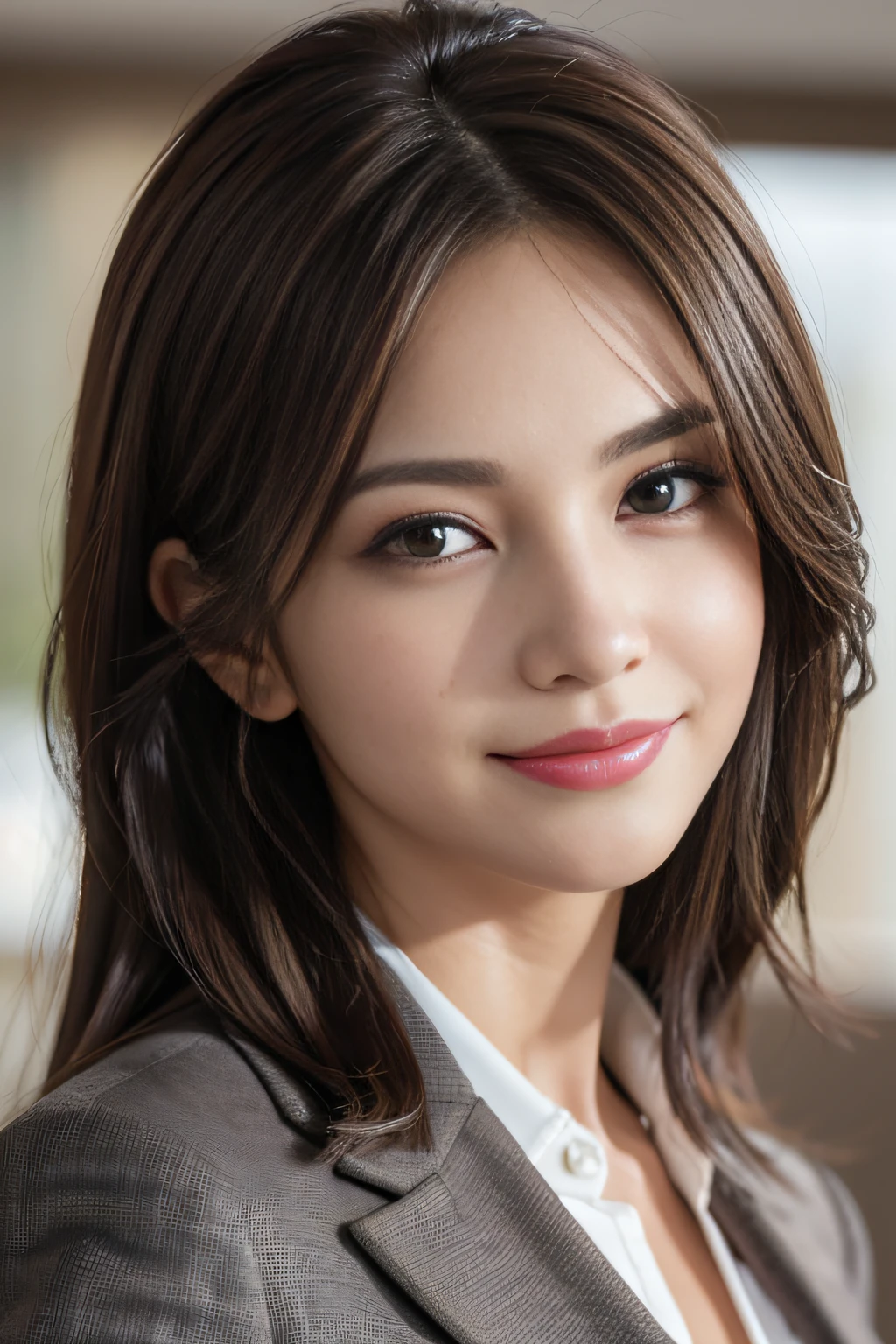 masutepiece, Best Quality, Photorealistic, Ultra-detailed, finely detail, High resolution, 8K Wallpaper, 1 beautiful woman,, light brown messy hair, in a business suit, foco nítido, Perfect dynamic composition, Beautiful detailed eyes, detailed hairs, Detailed realistic skin texture, Smiling, Close-up portrait, Model body type