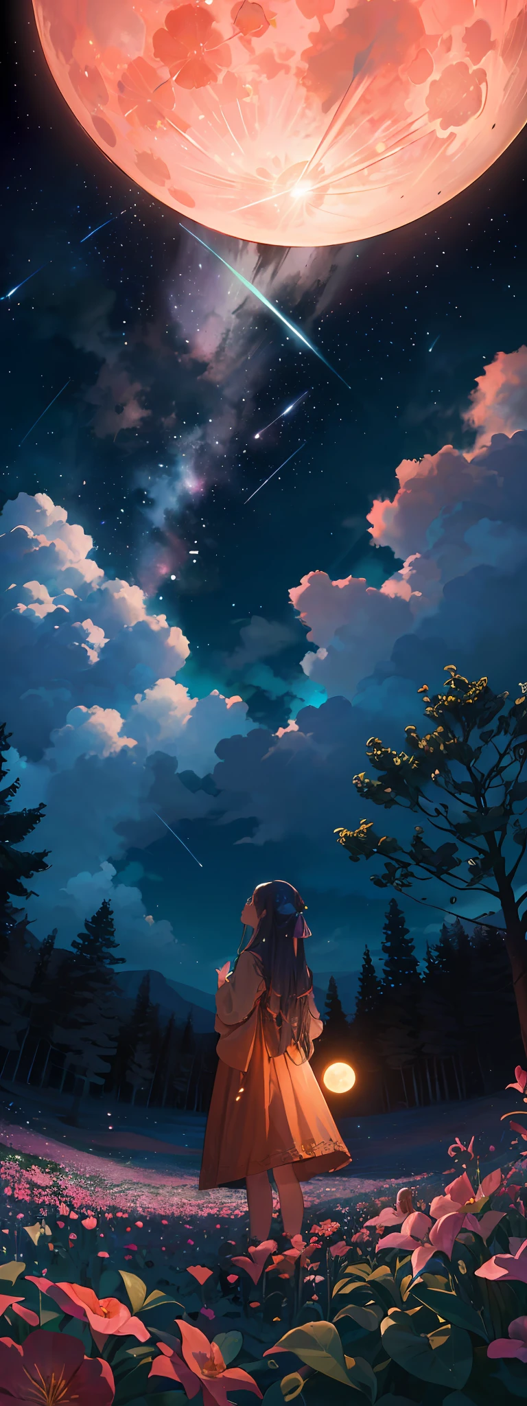 fotografia de paisagem expansiva, (View from below with a view of the sky and desert below), (((Girl standing in a field of flowers looking up))), (lua cheia: 1.2), (Estrela cadente: 0.9), (nebula: 1.3), montanha distante, tree BREAK production art, (Fonte de Luz Quente: 1.2), (Pirilamplighto: 1.2), lamplight, roxo e laranja, detalhes intrincados, Volume Lighting, Realismo BREAK (master part: 1.2) (best quality), 4k, ultra-detalhado, (Dynamic configuration: 1.4), detalhes altamente detalhados e coloridos, (Cores iridescentes: 1.2), (bright illumination, Atmospheric Illumination), sonhador, magica, (sozinho: 1.2)