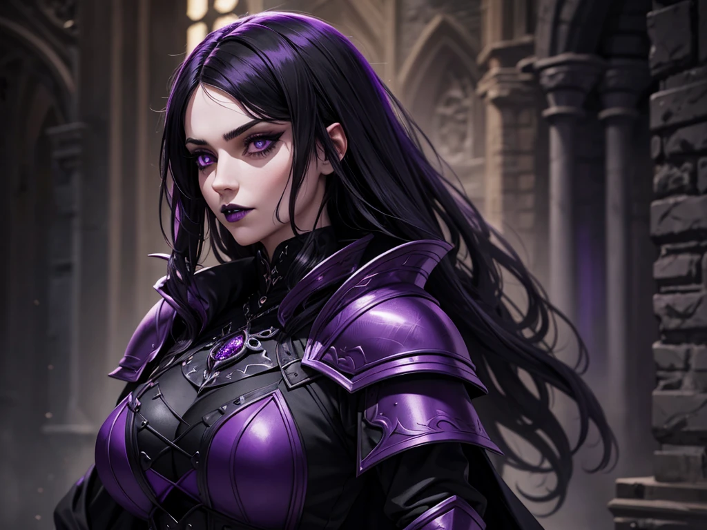 A vampire wizard character wearing very detailed and beautiful gothic armor in black and purple colors. Seu cabelo com corte em estilo curto, black lip color, cor roxa, capuz, caminhando, 8k, Magnificent, Black and purple Gothic armor, capa