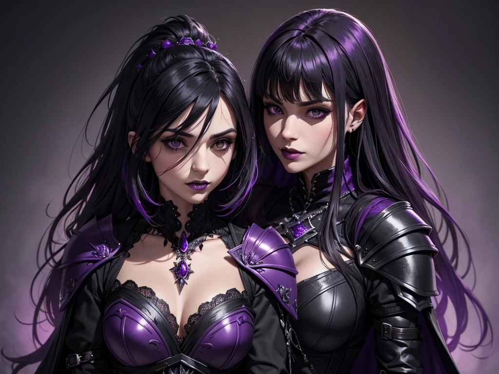 A vampire wizard character wearing very detailed and beautiful gothic armor in black and purple colors. Seu cabelo com corte em estilo curto, black lip color, cor roxa, capuz, caminhando, 8k, Magnificent, Black and purple Gothic armor, capa