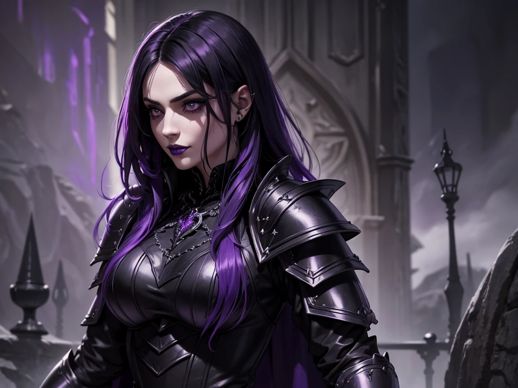 A vampire wizard character wearing very detailed and beautiful gothic armor in black and purple colors. Seu cabelo com corte em estilo curto, black lip color, cor roxa, capuz, caminhando, 8k, Magnificent, Black and purple Gothic armor, capa
