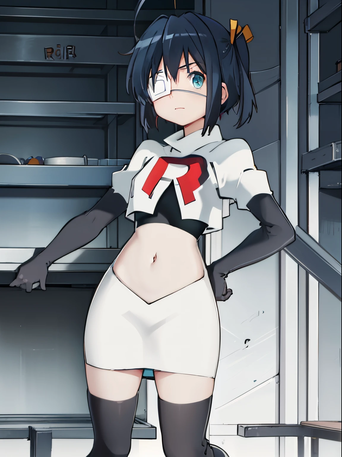 ph rikka, 1girl, :o, jacket, blazer, aqua eyes,team rocket,team rocket uniform,white skirt,crop top,black thigh-high boots,black elbow gloves,