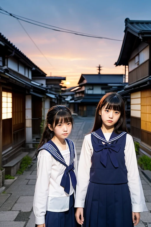 Inside a broken building、((Two beautiful Japan girls))、Same school uniform、Same sailor suit、、With bangs、serious facial expression、Navy long skirt below the knee、(early evening)、(Sunset)、frontage、