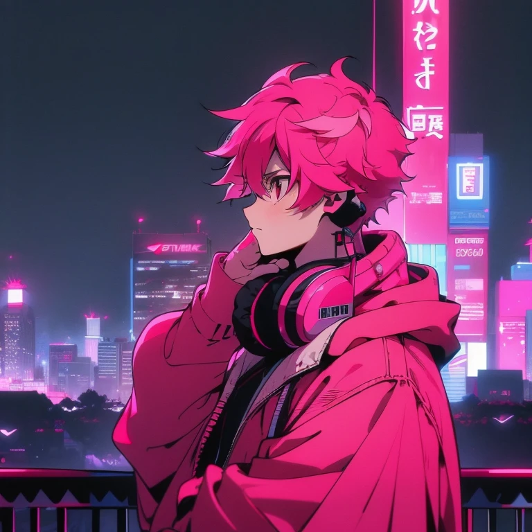 (short-cut), (Two-block hair), (vivid pink hair), (male character), (Red Eyes), (Cool pose), (of the highest quality), (masterpiece), (ultra-detailliert), (Oversized hoodies), (headphones), (Street), (neons), (Camera from a down angle), (Modern City), (Neon Daylight), (Cinematic), (Stylish), (hight resolution), (Hyper Detailed), (Looking at the camera), (Anime-style), (Softtown), (nightcore), (a handsome man), (Listening to music), (natural appearance of the building), (casual), (ig studios anime style),