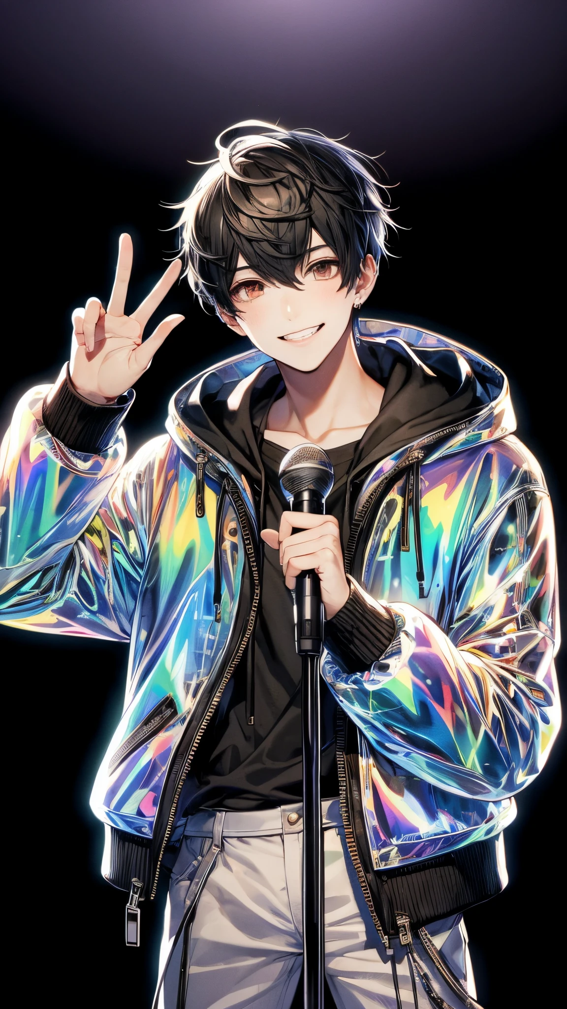 Delicate eyes, detailed eyes, beautiful eyes, A handsome young man with short black hair, brown round eyes, and a toothy smile, wearing an aurora borealis jacket made of holographic, iridescent fabric, and black pants. He is holding a microphone with one hand, while making a peace sign above his head with the other hand. The background is entirely black. The style is high-quality Japanese anime, characterized by clear line drawing, transparent watercolor, and well-defined shading